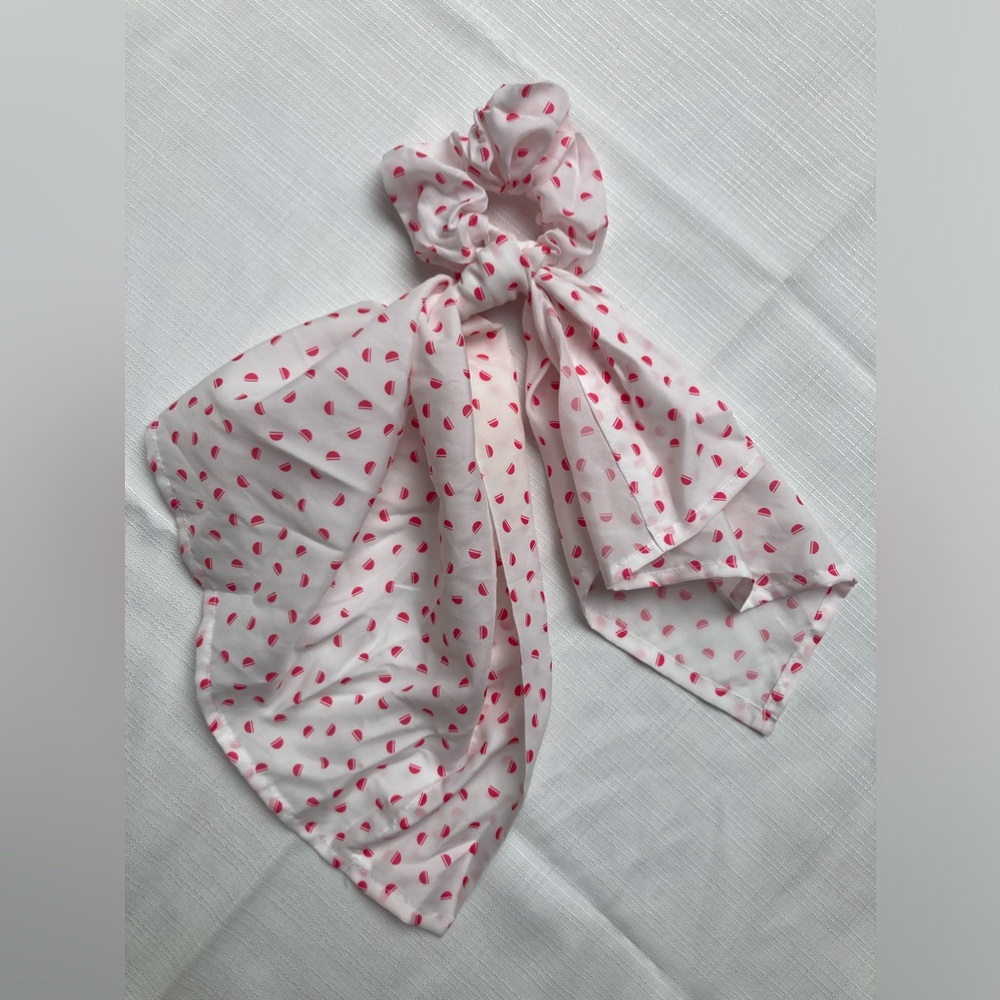 Vintage 1980's Scarf Tail Scrunchie, Pink/White Abstract Watermelon Design